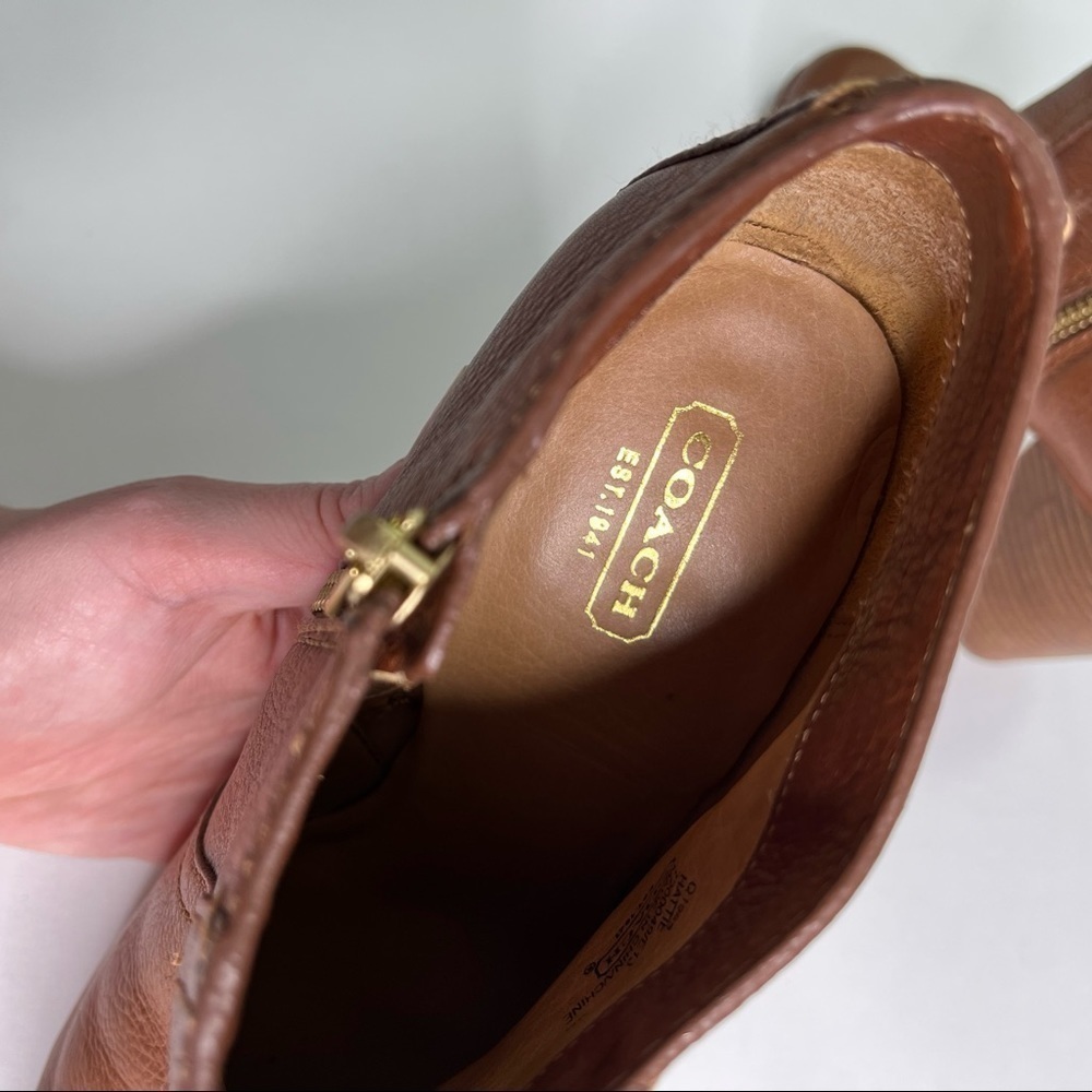 COACH Hattie Camel Brown Gold Leather Stacked Heel Ankle Classy Booties Boots - Picture 6 of 12
